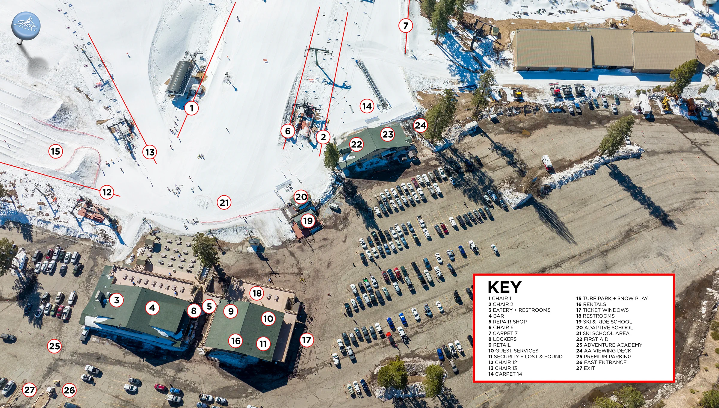 Snow Valley Base Area Map in the winter with a key legend